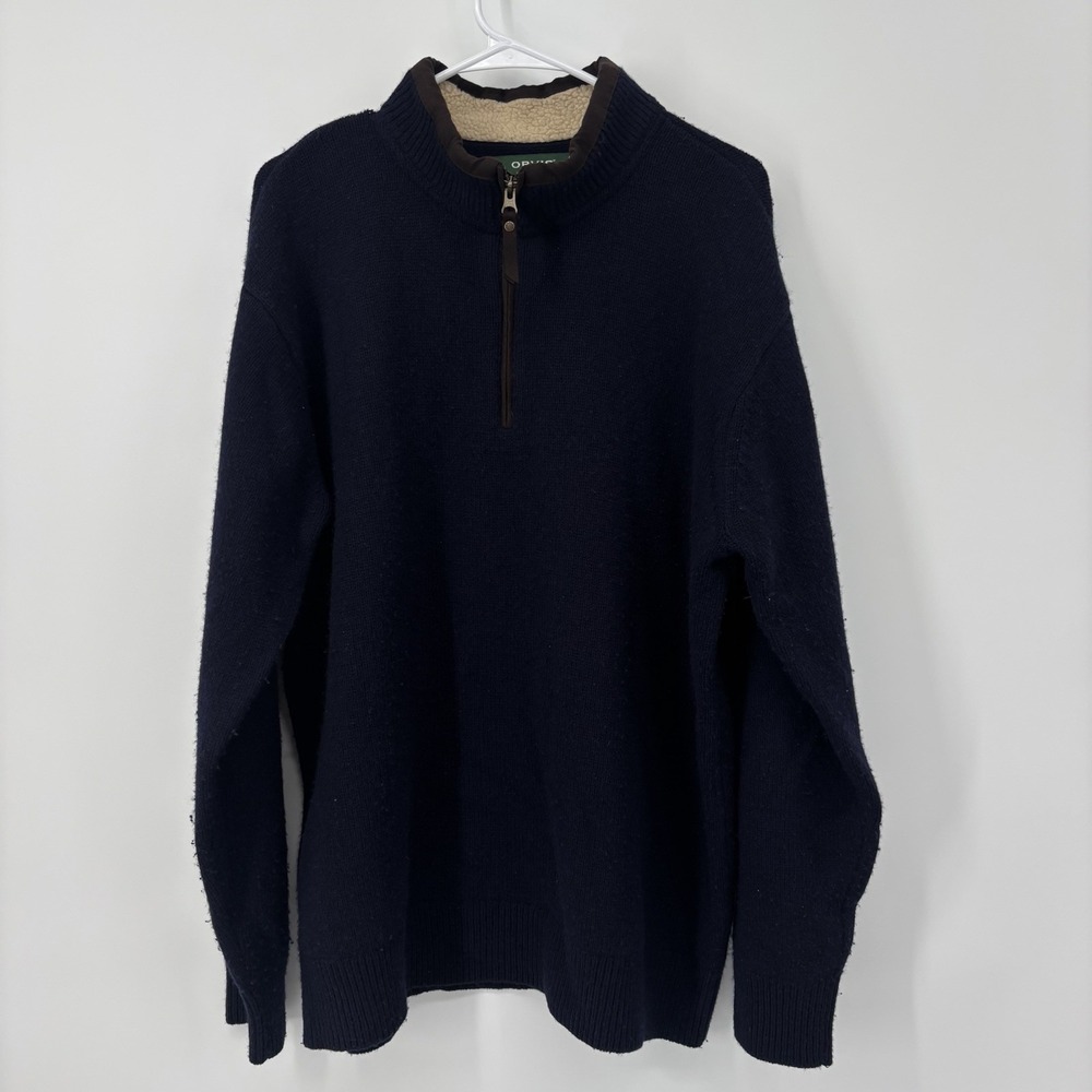 Orvis Sweater Mens XL‎ Navy Blue 100% Merino Wool Quarter Zip Pullover